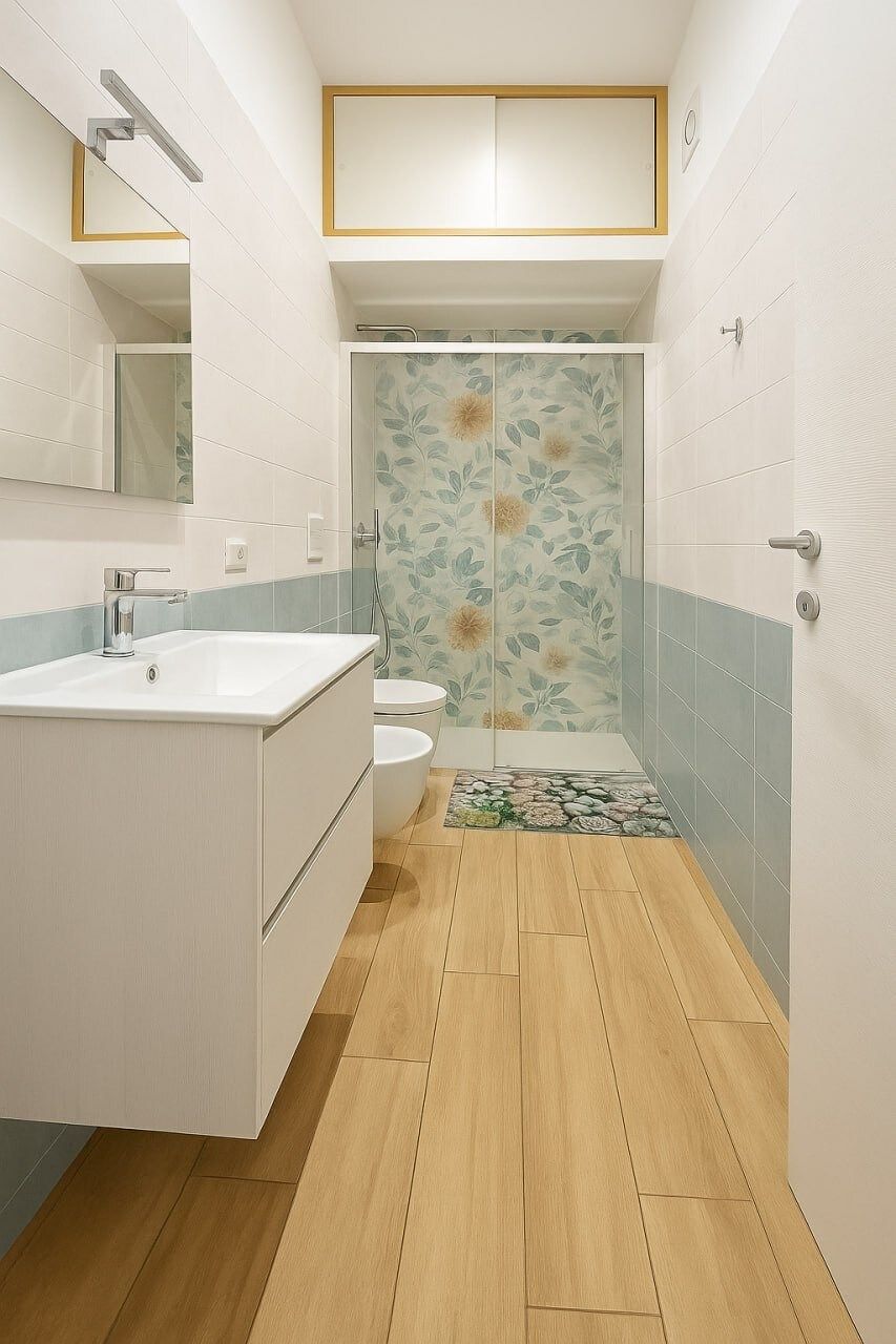 Bagno con ampio box doccia e piastrelle a motivo floreale